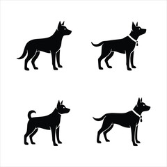Black dog silhouettes isolated on white background, each in a different pose, showcasing various breeds and collar styles in a simple design