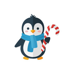 Cute Cartoon Penguin with Candy Cane and Scarf