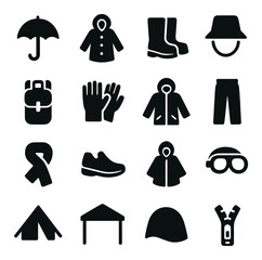 Silhouette outdoor gear icons set featuring jacket, boots, hat, gloves, backpack, tent, and zipper
