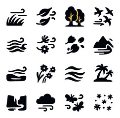 Naklejka premium Silhouette nature icon set featuring grass, trees, birds, waves, flowers, mountains, clouds, and island symbols