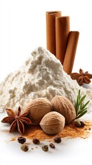 Ingredients for baking flour cinnamon walnuts and anise