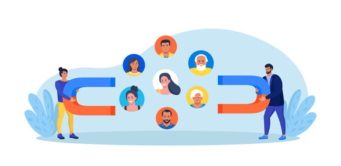 Businessmen using giant magnets pull customers. Clients retention strategy. Human resource recruiting candidates or talents. Marketing and advertising to target audience