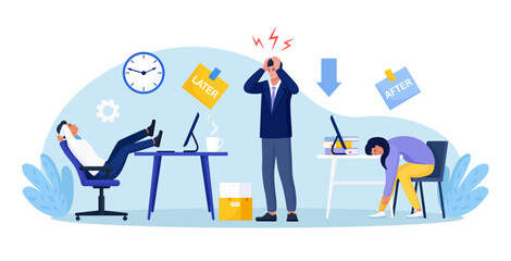 Stressed manager stands between relaxed employee and drained colleague. Procrastination, low productivity. Burnout in professional life. Bad time management and deadline pressure