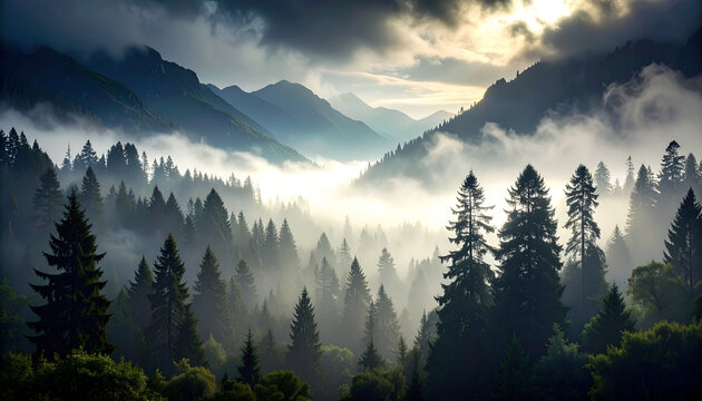 Misty mountain valley with dense forest, dramatic light.