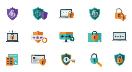 Cybersecurity icons set featuring shields, locks, and fingerprints in flat design