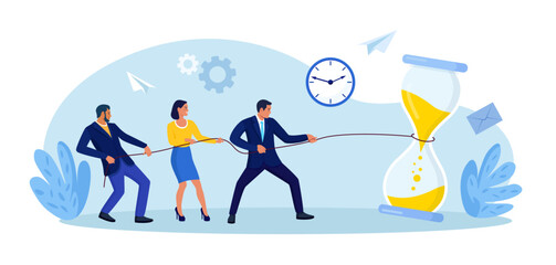 Team pulls rope tied to hourglass to push back looming deadline. Urgency and race against time. Project pressure in office work and productivity. Time management, business planning for efficiency
