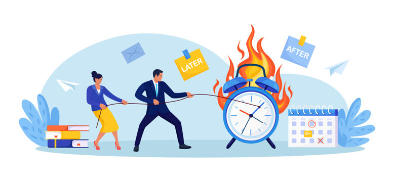 Two colleagues pull rope to hold back burning alarm clock as deadline nears. Urgency, race against time. Procrastination in office projects, schedule control. Time management, planning for efficiency
