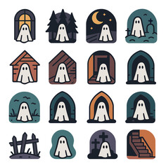 Flat halloween icon set with ghosts in haunted house, forest, night, cemetery, cabin, and crypt