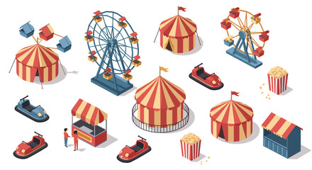Isometric carnival scene with ferris wheel and circus tents