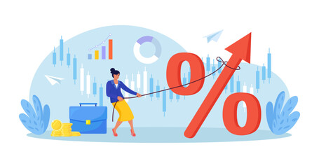 Business woman pulls a rope to raise a giant percent sign over stock charts. Revenue growth and KPI focus for finance sales trading and investment. Interest rate profit business growth