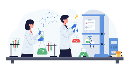 Scientists conducting experiments in a laboratory setting with equipment and glassware