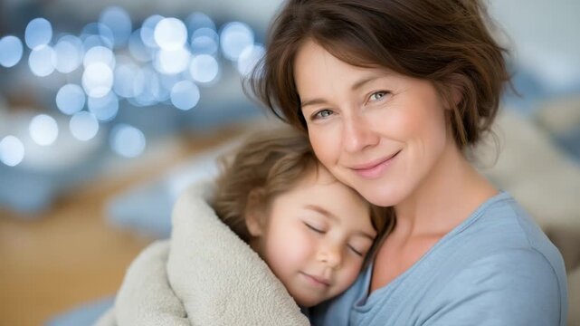 A caring teacher soothes a child at nap time in a cozy kindergarten rest area with soft cots and a starlight projector.