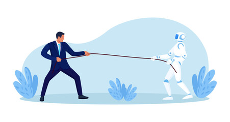 Businessman faces a robot in rope battle. People push back against automation and defend jobs as AI rises. Future of work, job loss. Workers replacement by Artificial intelligence
