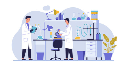 Modern laboratory scene with scientists conducting experiments in flat design