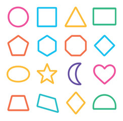 Neon flat icon set featuring circle, square, triangle, star, heart, moon, pentagon, hexagon, and octagon