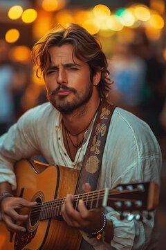 Homme jouant de la guitare acoustique et chantant en ext&eacute;rieur, ambiance chaleureuse et artistique, musique live, performance de rue et expression cr&eacute;ative