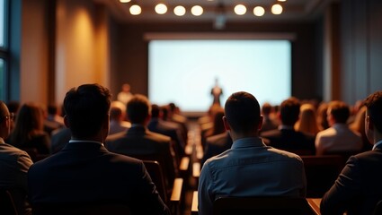 Corporate seminar with business audience listening to keynote speaker