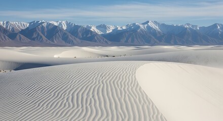 Vectore illustration of vast white sand dunes with rippled patterns stretch towards snowcapped mountains under a clear blue sky