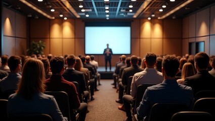 Business presentation in conference hall with audience watching screen