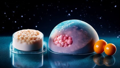 stressed out space cells contain mochi and bao capsules on a cosmic surface isolated