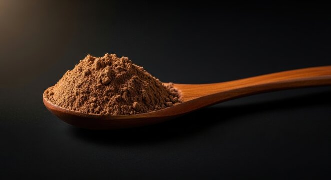 Brown Ground Cinnamon Powder on Wooden Spoon with Dark Background