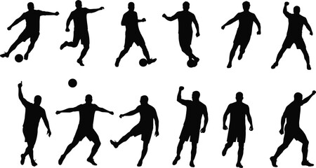 Soccer player silhouette, football action poses, kicking ball, running athlete, sports movement, dynamic players, soccer game, outdoor sport, team competition, athletic skill, football training,