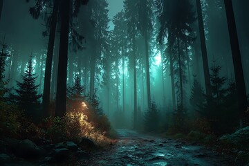 Dark misty forest with eerie green light high resolution picture