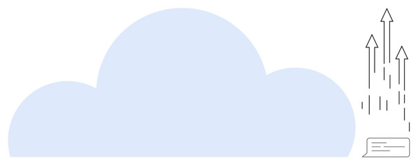 Blue cloud with arrows symbolizing growth and data transfer emerging from a text bar. Ideal for cloud computing, data backup, digital transformation, technology, innovation, analytics, simple flat