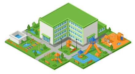 Modern school playground with play structures in isometric design