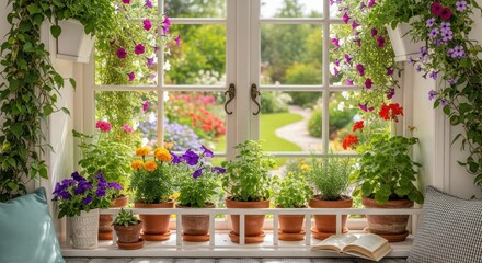 Fototapeta premium Window garden with flowers and garden view in summer daylight