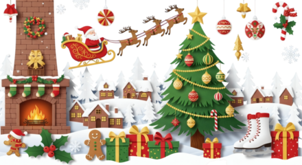 Santa sleigh flying over snowy village with decorated christmas tree