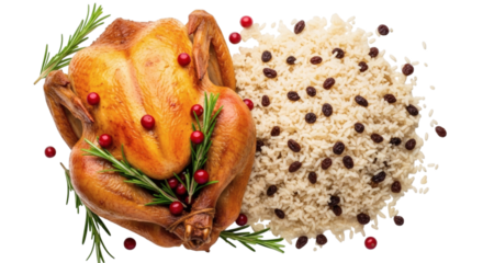 Roasted chicken with red berries and rice enriched with raisins