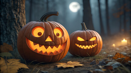Fototapeta premium Two glowing jack o lanterns in a spooky forest at night with a full moon