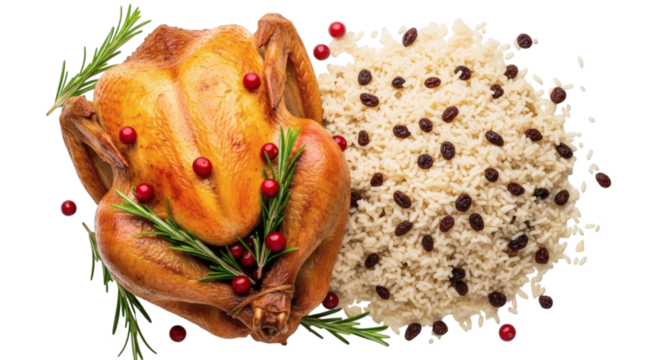 Roasted chicken with red berries and rice enriched with raisins