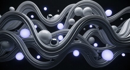 Dynamic Abstract 3D: Flowing Grey Ribbons, Luminous Purple Orbs, and Reflective Spheres on a Starry Black Background
