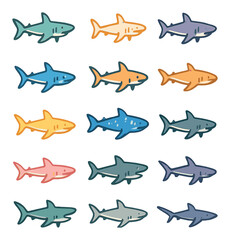 Flat shark icon set featuring hammerhead, great white, tiger, whale, and bull variants