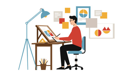 Creative designer at work in modern home office with art tools and inspirational decor