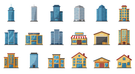 Diverse collection of flat style buildings - residential, commercial, and industrial designs