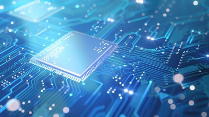 Futuristic Blue Circuit Board Background with Chip,adding a high-tech vibe to app interfaces, tech reports, or electronic product visuals,prefer for Tech-Infused Backdrops for Electronic Content.