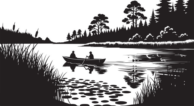 Silhouette of two people in a rowboat on a lake surrounded by trees and reeds water