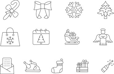 A clean, minimalist, single-line illustration set against a pure white background, showcasing twelve distinct Christmas-themed icons arranged in a 3x4 grid.