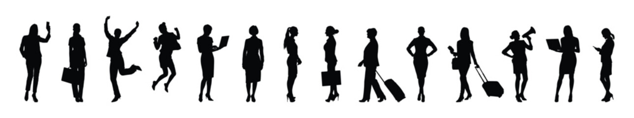 Silhouette set of businesswoman in various poses different positions vector on white background.