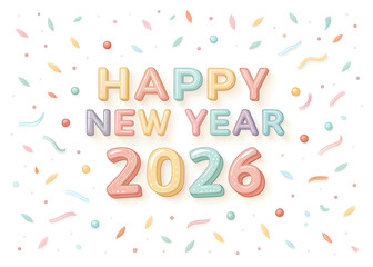 Fototapeta premium Happy New Year 2026 vibrant colorful text with multicolor confetti, pastel festive celebration, joyful holiday party, retro elegant minimalist, JPG file