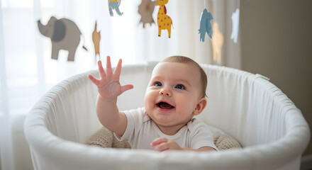 curious baby reaching with wonder at colorful hanging mobile