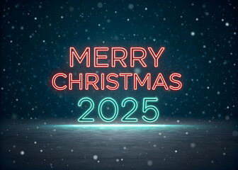 Neon text effect Merry Christmas 2025 over starry night sky, digital art in 8K, vibrant festive illustration, cinematic glowing design JPG file