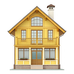 Obraz premium Yellow Two-Story House with Balcony and Chimney Isolated on White
