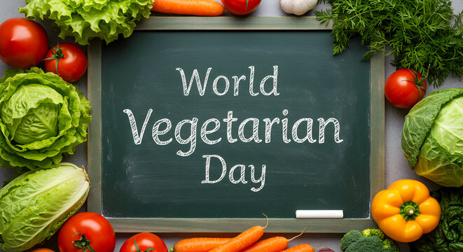 Celebrate World Vegetarian Day with fresh produce and a healthy lifestyle message on a chalkboard - Powered by Adobe