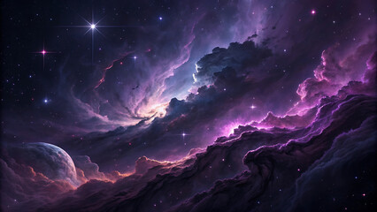 Fototapeta premium Cosmic Nebula Purple Galactic Clouds and Distant Planet