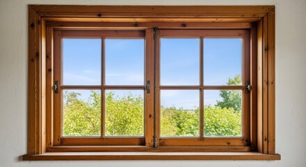 Fototapeta premium Window view with blue sky and tree foliage in a rustic frame