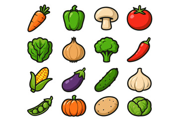 Colorful collection of vegetables: carrot, pepper, mushroom, tomato, broccoli, corn, eggplant, more